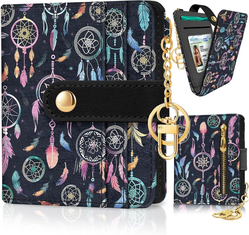 Jogjam Colorful Dream Catchers with Feathers Rfid Ladies Wallet, Small Credit Card Women Wallet, Boho Traditional Circular Net PU Leather Bifold Cash Zipper Coin Pocket for Female Blessing - Image 1